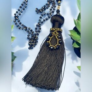 Beautiful Delicate long crystal & Onyx beaded necklace with long tassel black